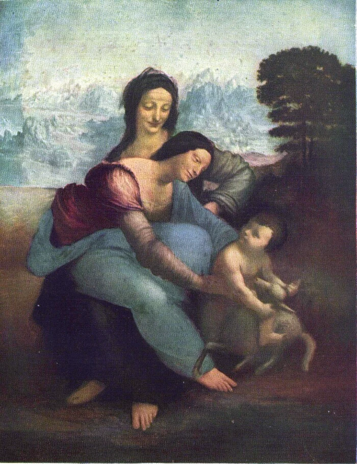 Woman seated on another’s lap leans toward a child hugging a lamb, before pale bluish mountains