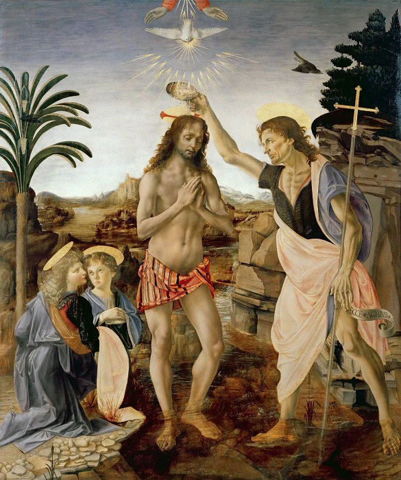 Jesus standing in a river as another man pours water over his head, while two kneeling angels look on