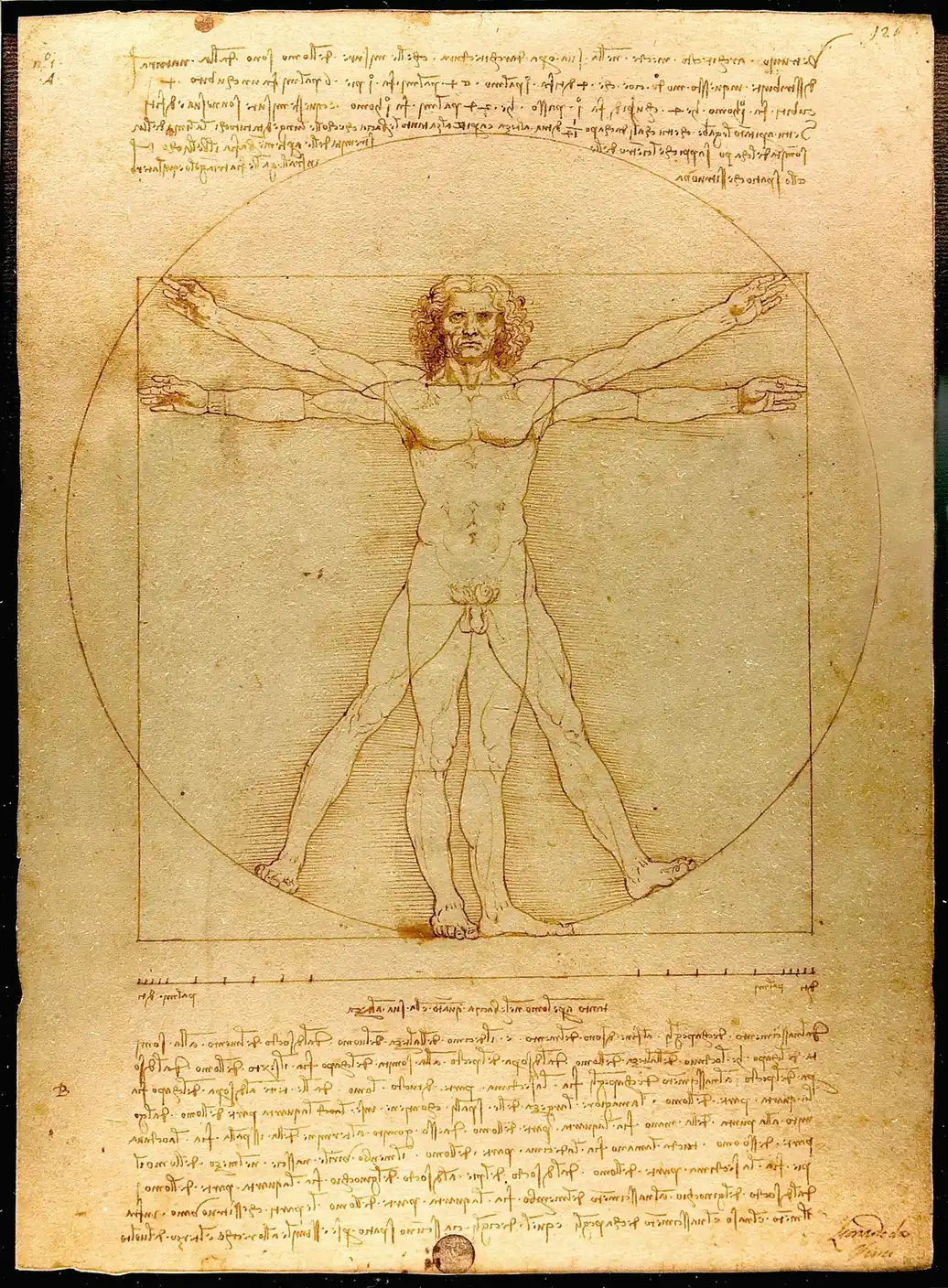 Ink drawing of a standing man in two overlapping poses, set within a circle and a square, between lines of notes