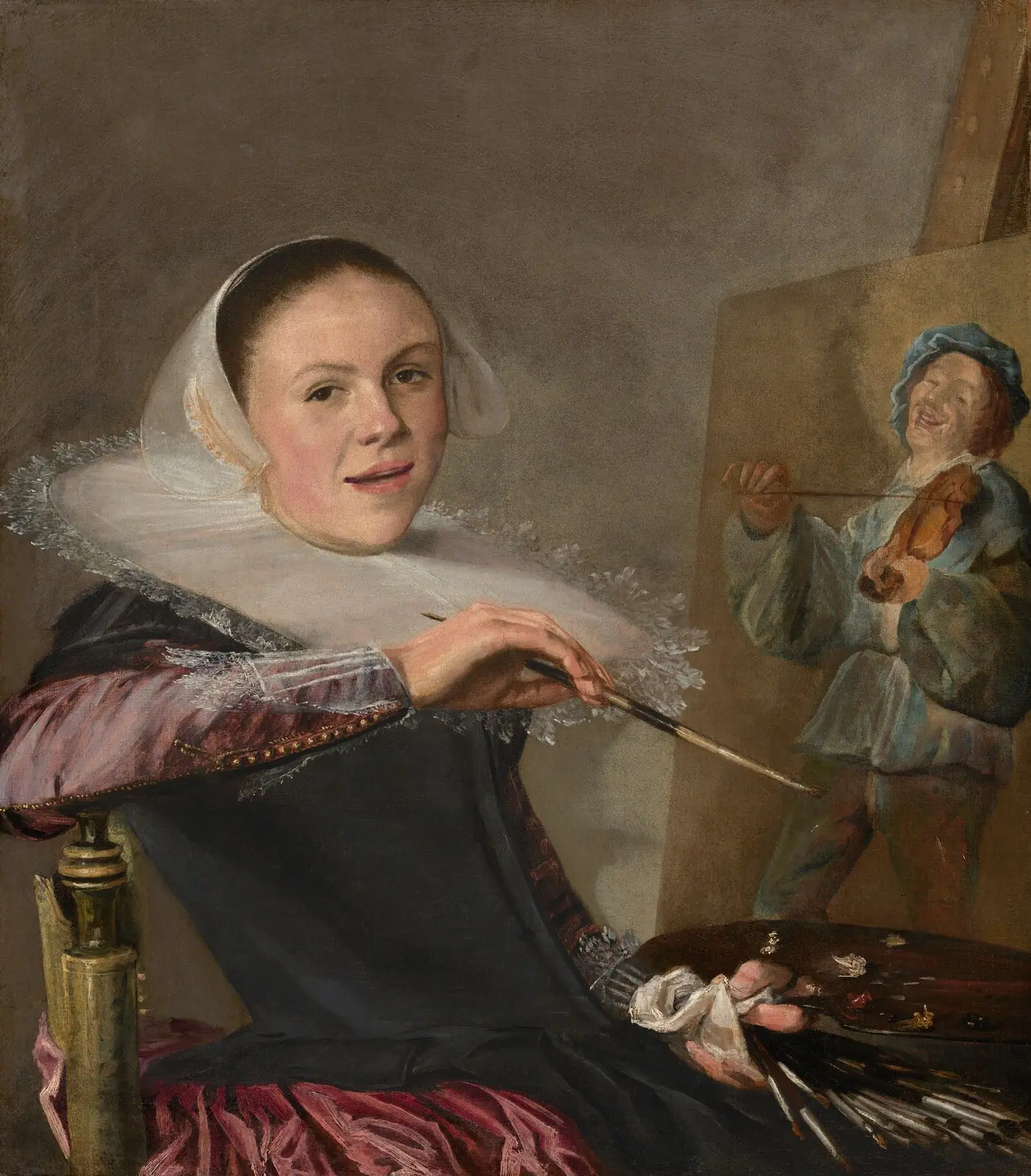 A woman painter in a white cap and wide white collar, seated at an easel, turns toward us holding a brush