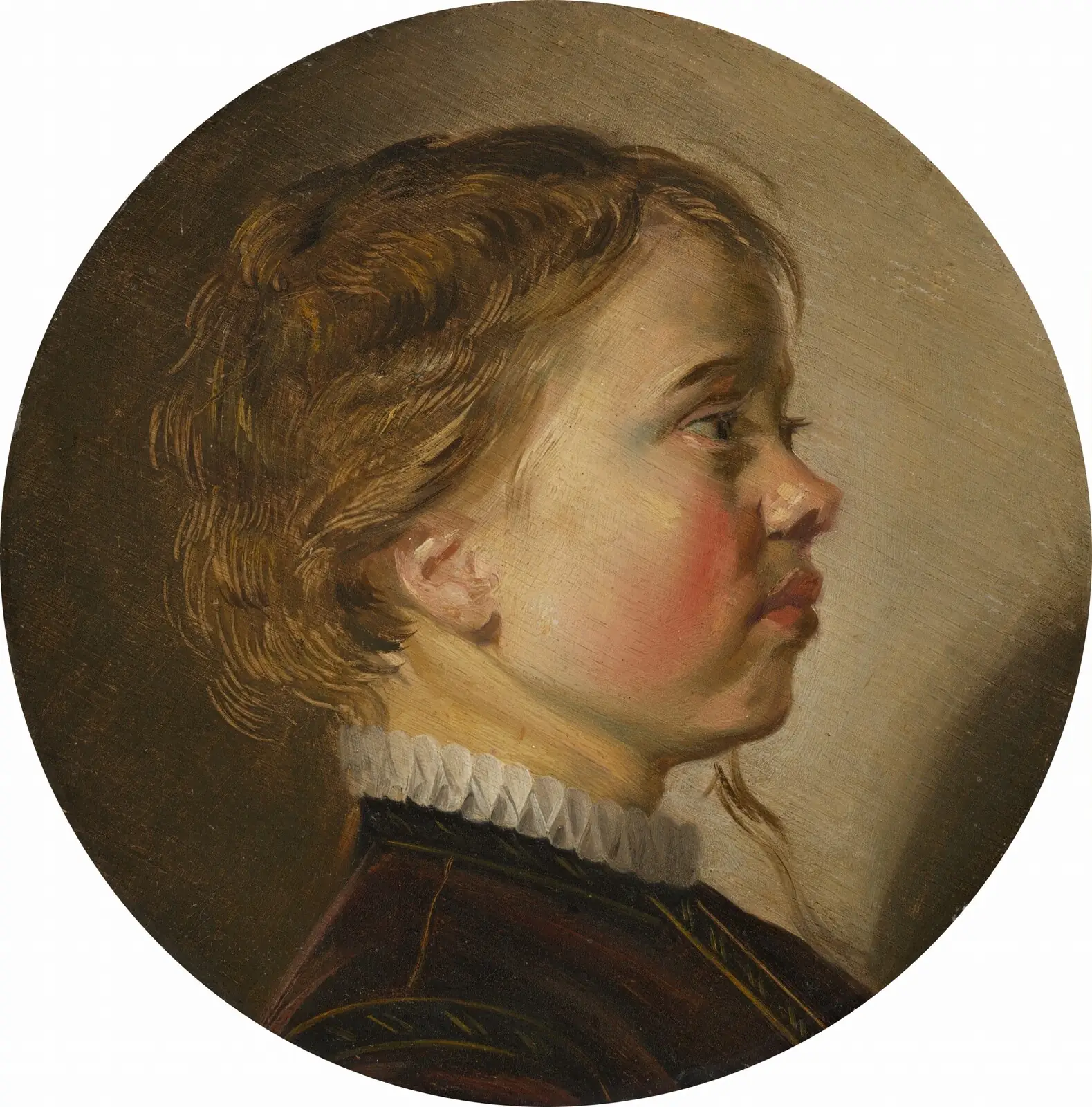 A boy in profile facing right, with curly light brown hair and a white collar, in a round format