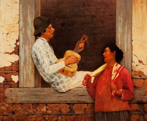 Hombre de sombrero sentado en el marco de una ventana tocando la viola, y una mujer de blusa roja que canta afuera
