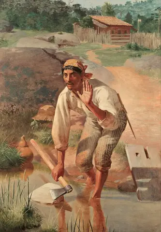 Campesino con pañoleta naranja, de pie en un arroyo con un hacha, que levanta la mano y mira de reojo