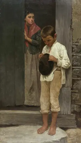 Niño descalzo de camisa blanca con la cabeza baja y un sombrero en las manos, ante una mujer en una puerta