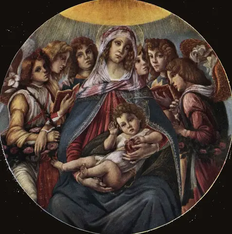 La Virgen con el Niño en brazos, rodeada de seis ángeles con libros, lirios y guirnaldas de rosas, en formato redondo