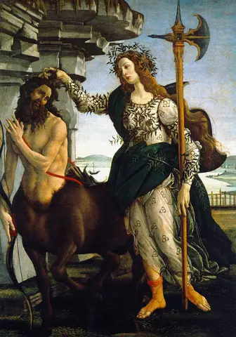A woman in a patterned gown holding a halberd rests her hand on a bearded centaur’s head beside a rock wall