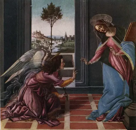 A kneeling angel with a lily faces the Virgin, who bends toward him in a room with a window onto a landscape