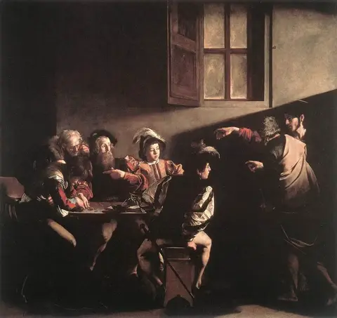Hombres en torno a una mesa en un cuarto oscuro; a la derecha, Jesús señala hacia ellos bajo una franja de luz