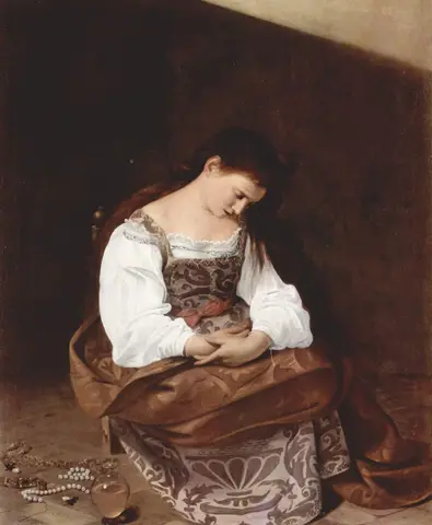 Joven sentada en una silla baja, con la cabeza inclinada y las manos en el regazo; a sus pies, perlas, joyas y un frasco
