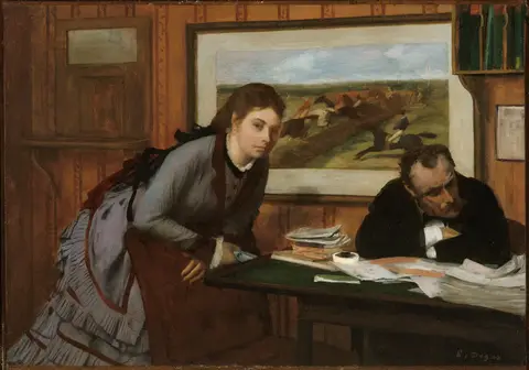Woman in a grey dress leaning on a chair and a man seated at a desk with papers, beneath a horse-racing picture