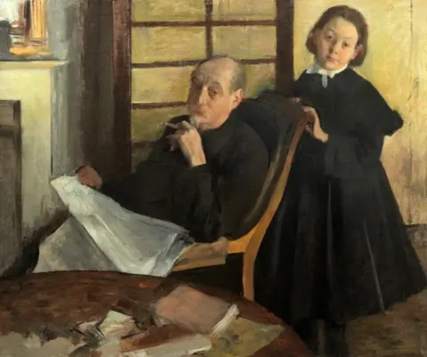 Older man seated in an armchair with a newspaper and a girl in a black dress standing behind him by a window