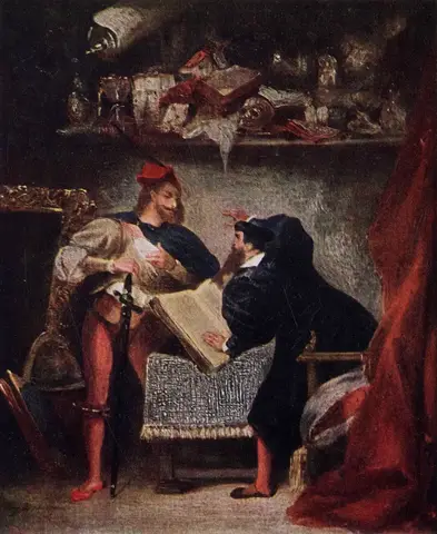 Hombre vestido de rojo con espada junto a otro vestido de negro inclinado sobre un libro abierto, en un estudio oscuro