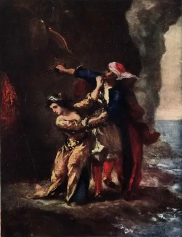 Hombre con turbante y sable en alto junto a una joven de vestido dorado que se aferra a él, sobre rocas frente al mar