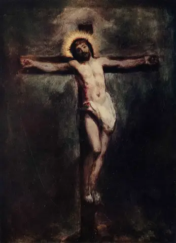 Crucified Christ with a golden halo and white loincloth against a dark background of greens and browns
