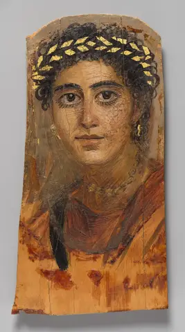 Young woman with dark curls, a wreath of gold leaves, very large eyes, gold earrings and a reddish tunic