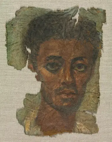 Young man with brown skin, tousled brown hair and a faint moustache, with large eyes, painted on torn linen
