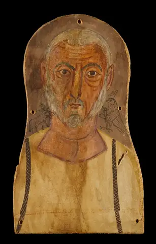 Old man with white hair and beard and ruddy skin in a cream tunic with dark stripes, a ram and falcon beside him
