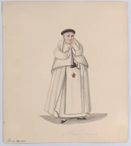 Religioso de pie con hábito y capa blancos, gorro redondo oscuro y mejillas sonrosadas, sobre un fondo vacío