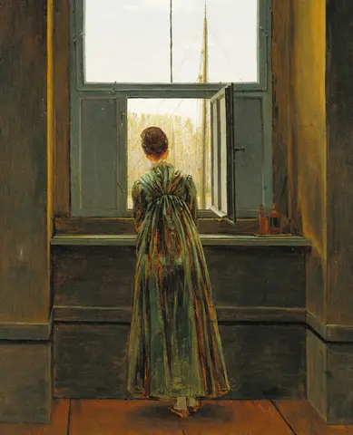 Woman seen from behind in a long green dress, leaning toward the open window of a bare, dim room