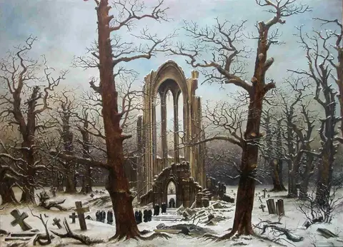 Ruinas de una iglesia gótica entre robles sin hojas y cruces en la nieve, con una fila de monjes vestidos de negro