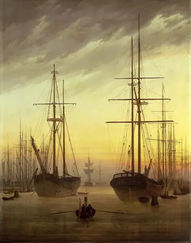 Two large sailing ships at anchor against a golden sky, with a rowboat in front and a forest of masts behind