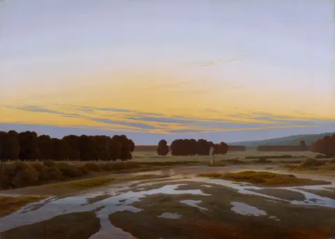 Flooded plain with pools reflecting a yellow sunset sky, and clusters of dark round trees beyond