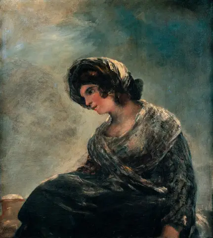 Young woman seated in profile, a dark scarf over her hair and a shawl around her shoulders, beside a jug