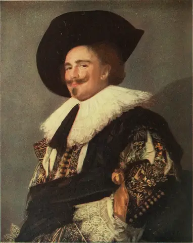 Caballero de sombrero negro, bigote retorcido y gran cuello de encaje, con manga bordada y la mano en la cadera