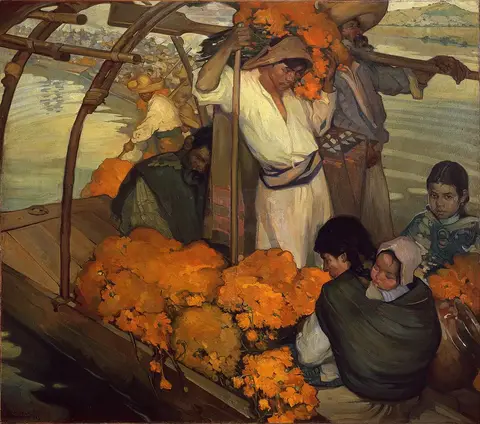 Canoa cargada de flores de cempasúchil, con un joven de blanco, un anciano con pértiga y una madre con su bebé