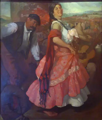 Mujer descalza de falda rosa y rebozo rojo baila sonriendo frente a un hombre inclinado; al fondo, tejados y colinas