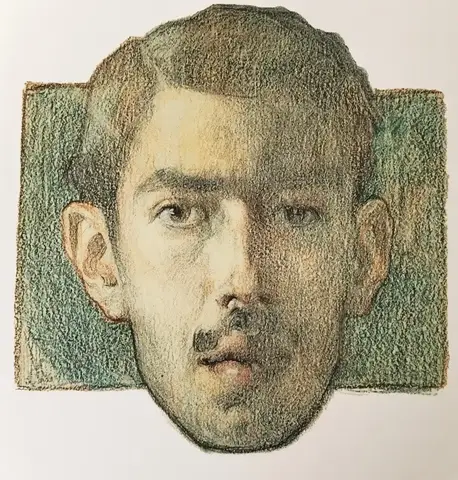 Rostro de frente de un joven de pelo corto, orejas grandes y bigote, sobre un rectángulo verde de trazos