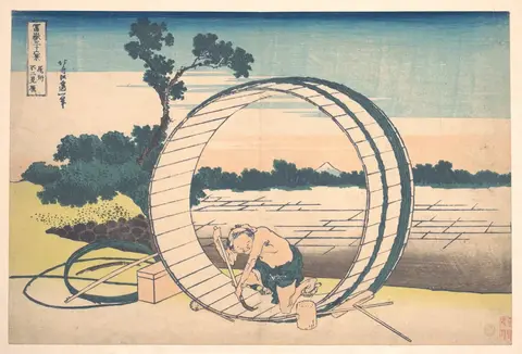 Tonelero dentro de un barril gigante trabajando la madera; a través del aro se ve un campo y un pequeño Fuji lejano