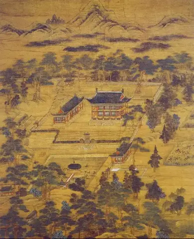 Bird’s-eye view of a palace with a two-story pavilion at the center, walled courtyards and pines, below mountains