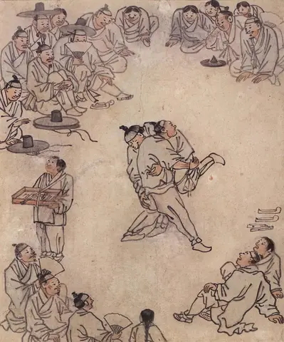 Two wrestlers grappling at the center of a ring of seated spectators, some wearing black wide-brimmed hats