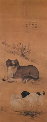 Long-haired brown and white dog lying on a grassy slope; below, two white puppies, one with black patches