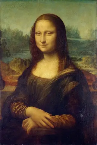 Woman with dark hair and a sheer veil, seated with folded hands and a faint smile before a landscape of water and rocks
