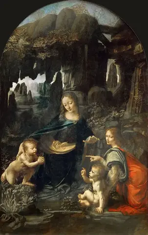 María arrodillada en una gruta de rocas, con dos niños pequeños y un ángel de manto rojo, entre plantas y agua