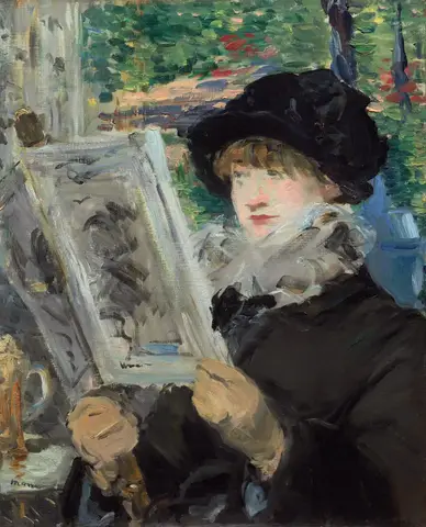 Woman in a black hat and gray scarf reading a large illustrated paper, a green and red garden behind her