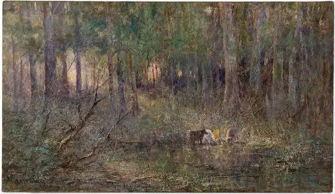 Bosque denso en tonos violetas, verdes y dorados, con unas vacas bebiendo en un charco y luz entre los troncos