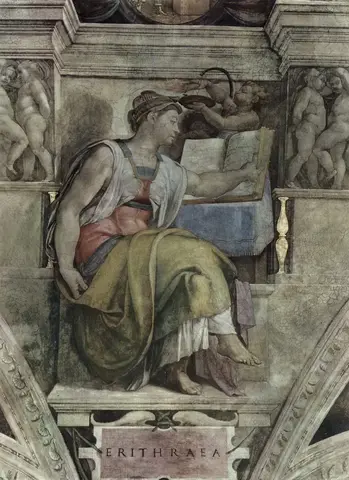 Seated woman in profile, wearing a turban and green mantle, turning the pages of a book open on a stand