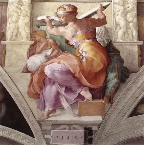 Woman in an orange dress, seen almost from behind with arms raised, holding an open book and looking down