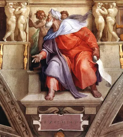 White-bearded old man in a red robe turns with an open hand, seated on a throne, a scroll in his other hand