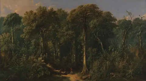 Selva densa de árboles altísimos con un sendero de tierra al frente y dos figuras pequeñas al pie del tronco central