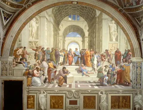 Vast hall of arches and vaults with dozens of thinkers in groups, and two old men at the center under the far arch