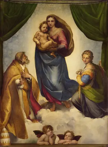 Mary, holding the Child, walks on clouds between green curtains; below, two kneeling figures and two little angels