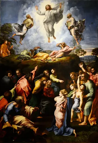 Christ floats in a cloud of light with two figures beside him; below, in shadow, a crowd surrounds a boy