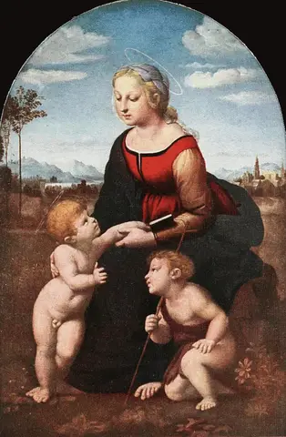 Woman in red seated in a meadow, one child standing at her side and another kneeling, before a lake and mountains
