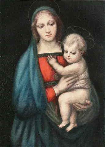Woman in a blue-green mantle and red dress, eyes lowered, holding a child in her arms against a dark background