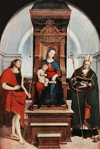 Mary on a tall throne reads a book with the Child on her lap, between a man in a red cloak and a bishop