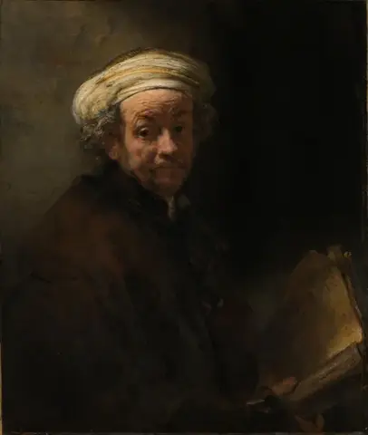 Hombre mayor con turbante claro y frente arrugada, de abrigo oscuro, que sostiene un manuscrito y mira de frente